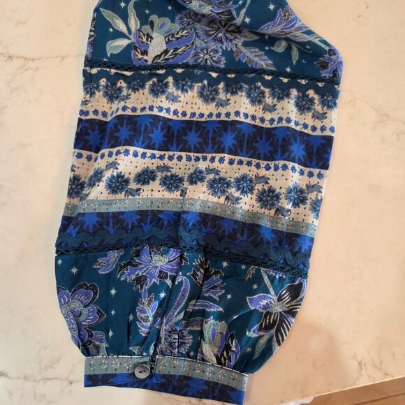 NWT! Sundance Arvilla Blue Floral Silk Cotton Blouse Small Balloon Sleeves Boho - Picture 7 of 11